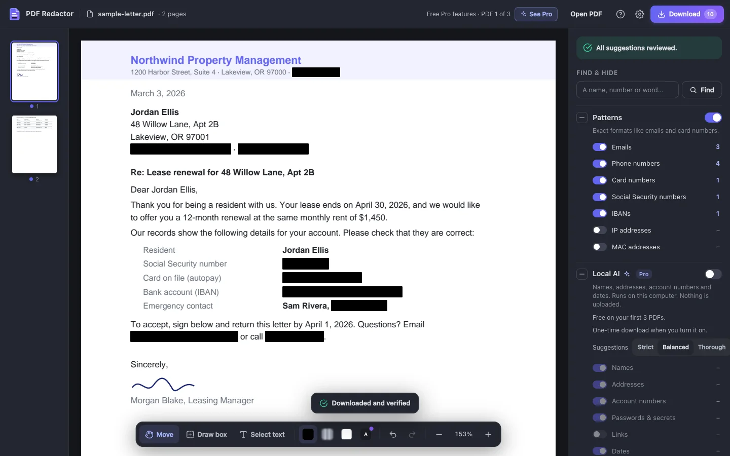 The same letter with its private details covered by black boxes, and a message reading Downloaded and verified.