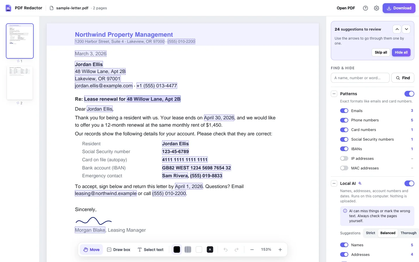 The letter in the light theme with Local AI on. Names, addresses and dates are outlined, 24 suggestions in all.