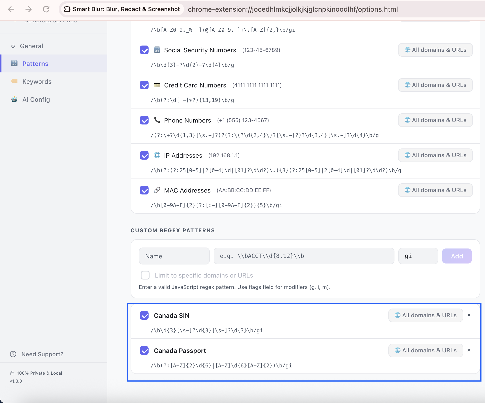 Smart Blur's Patterns settings, showing the Canada SIN and Canada Passport patterns added under Custom Regex Patterns