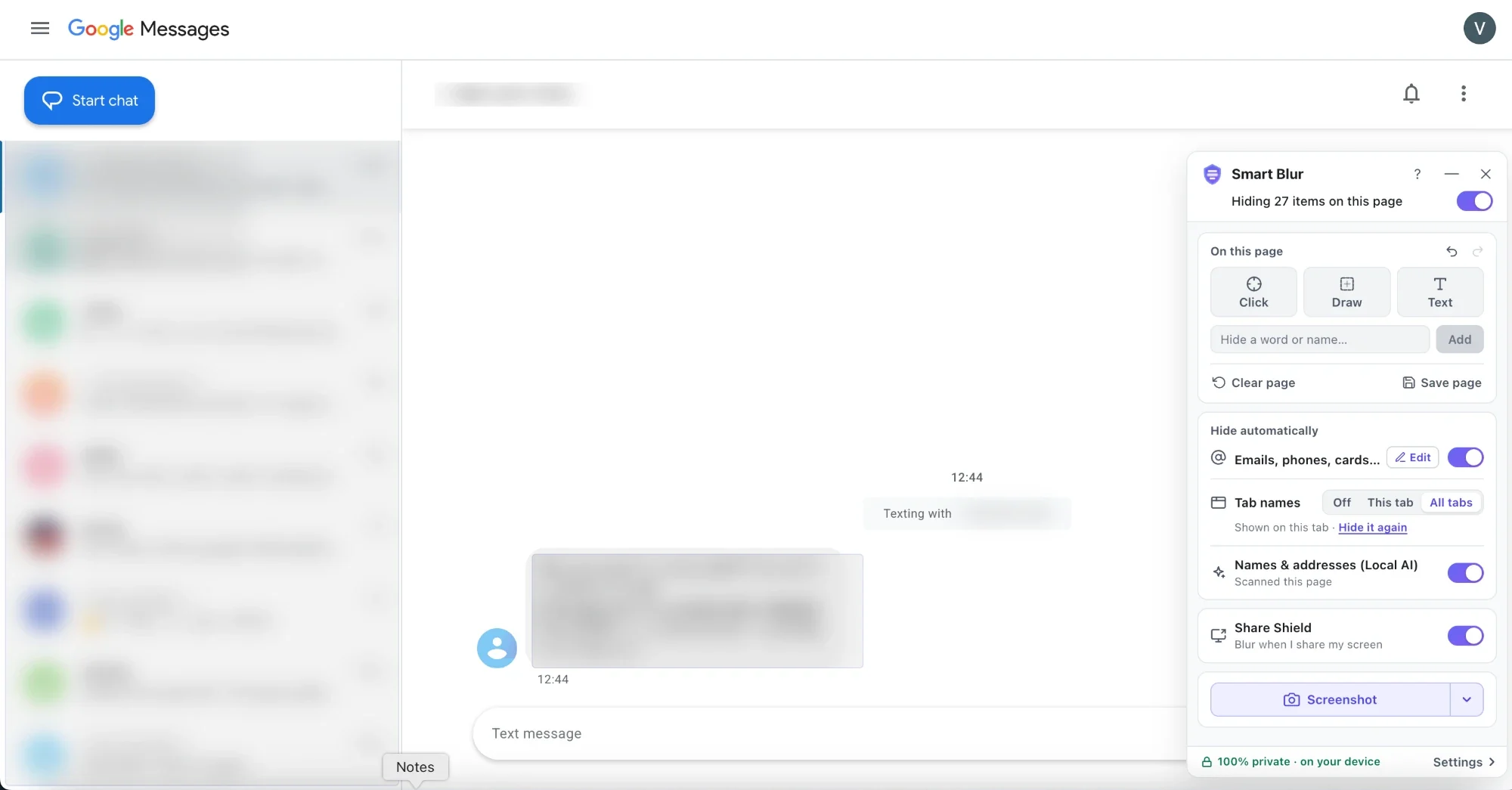 Google Messages for web with Smart Blur's panel open. The conversation list, the contact's name and the open message are all blurred, so no names, numbers or texts can be read.