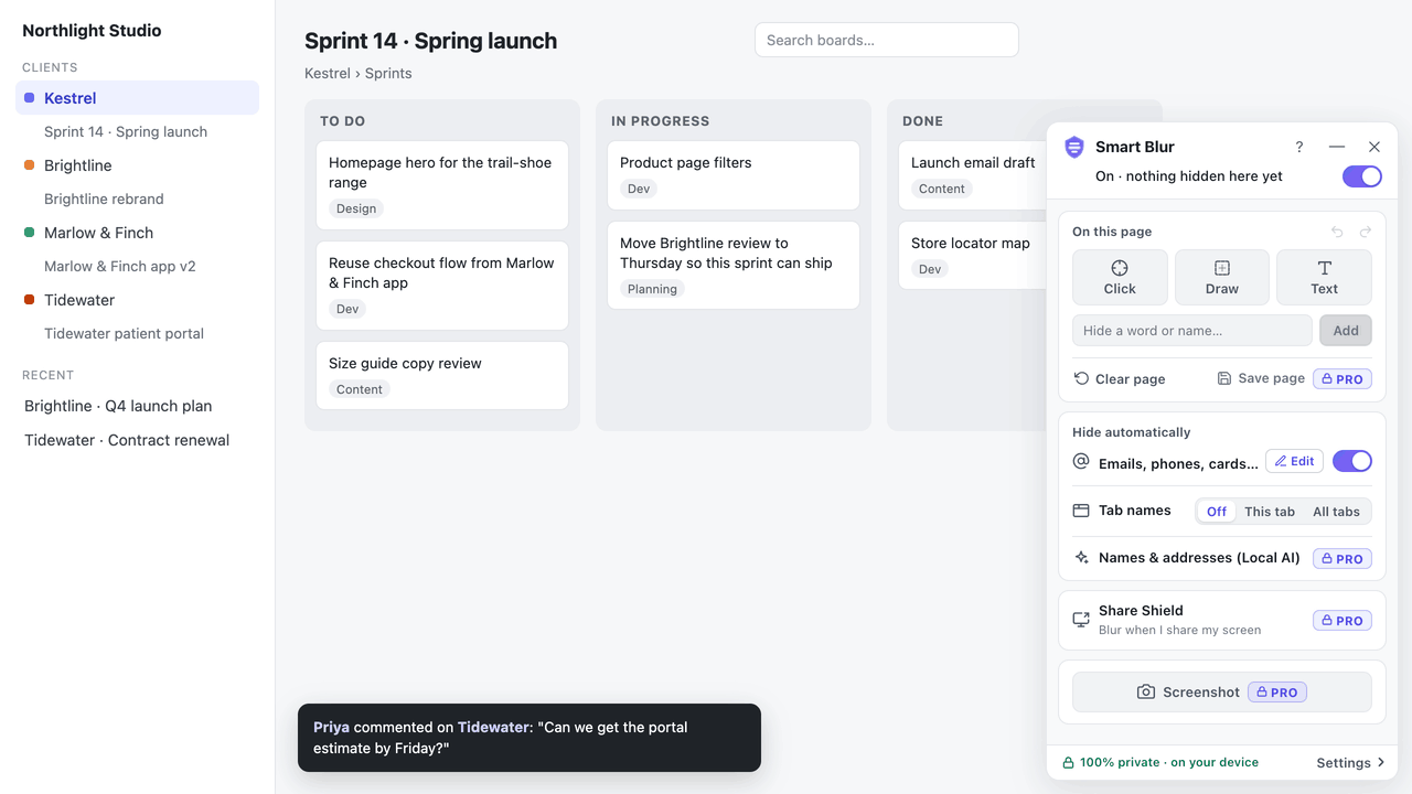A project board for one client. Three other client names are typed into Smart Blur's panel, and each is blurred in the sidebar, the cards and a notification.