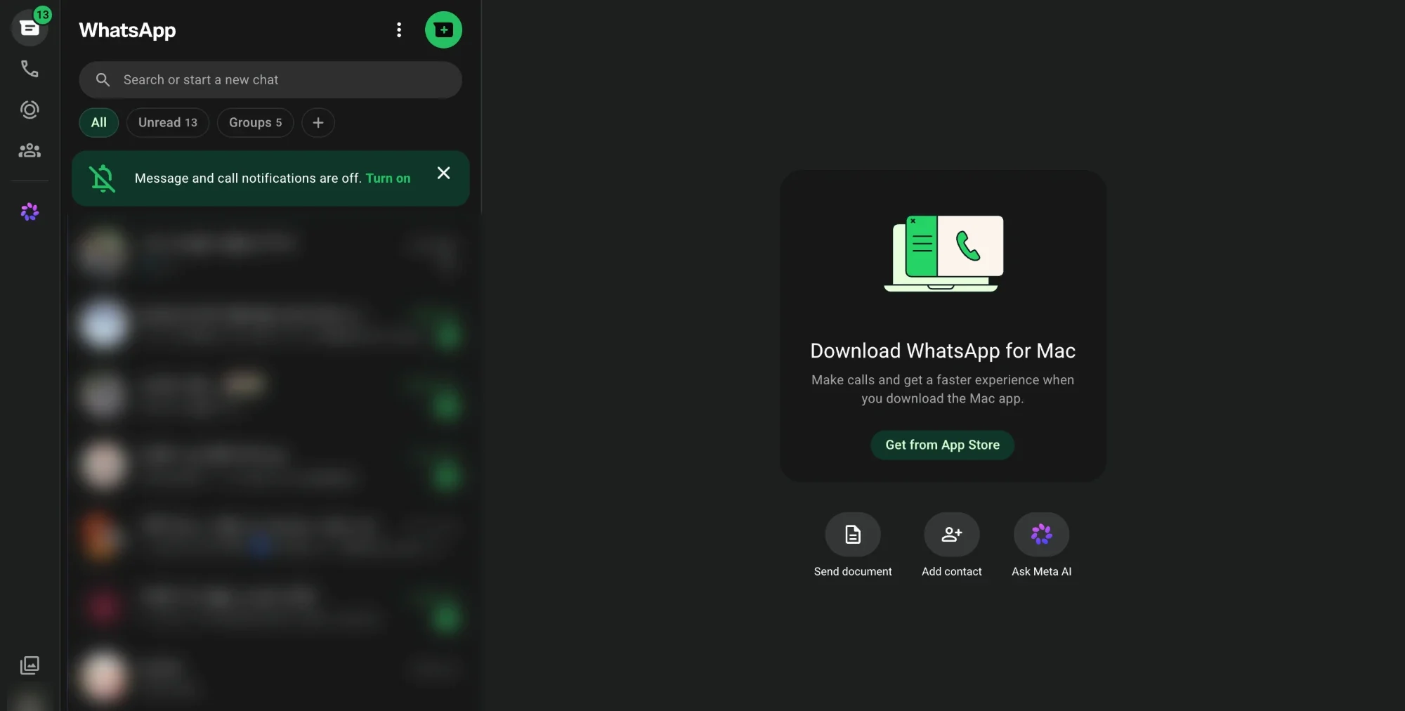 WhatsApp Web with the chat list on the left blurred by Smart Blur, so contact names, photos and message previews can't be read.
