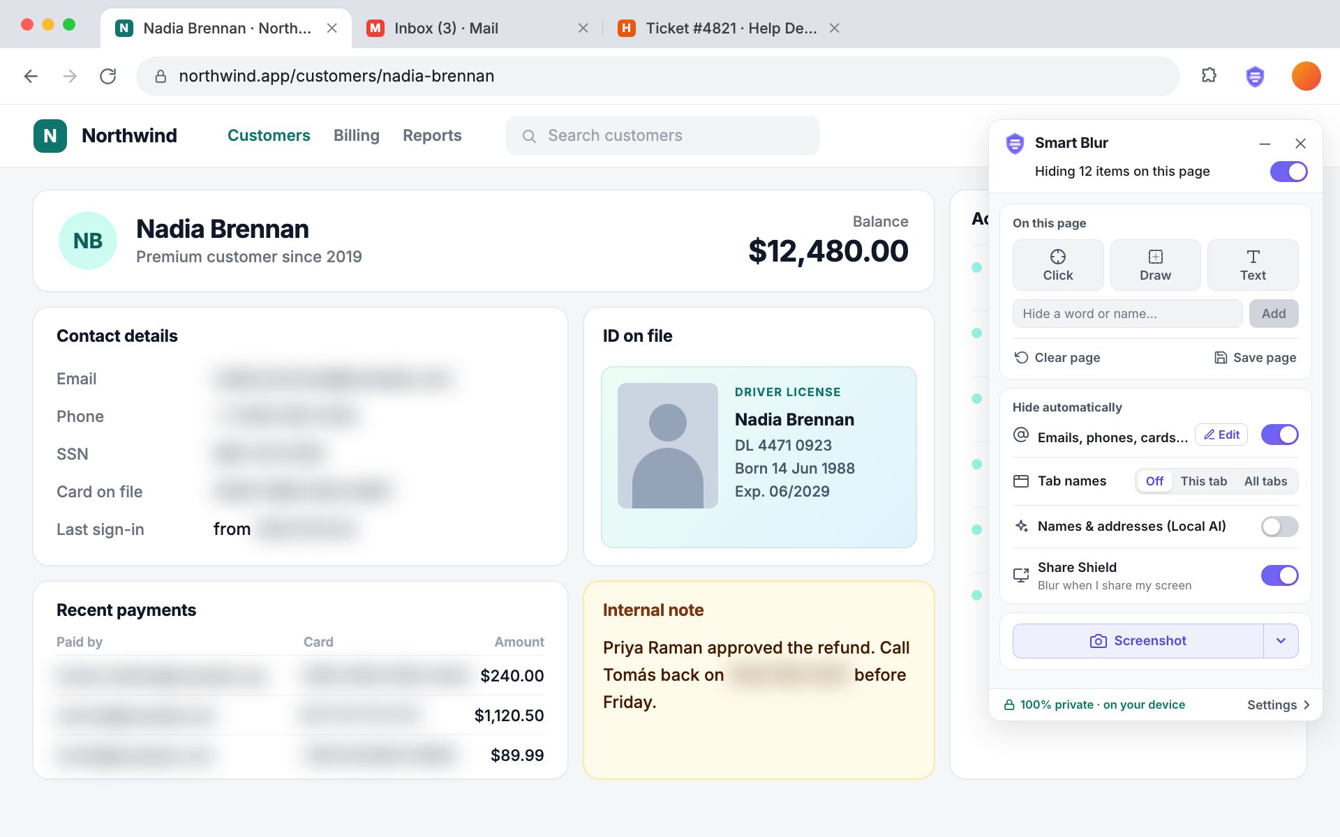 Smart Blur hiding a customer's email, phone, SSN and card on a customer page, with Share Shield on
